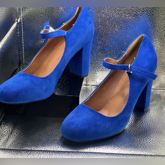 Women's Mary Jane Closed Toe Block Heel Round Toe Chunky Pumps Suede Royal Blue - Picture 1 of 8